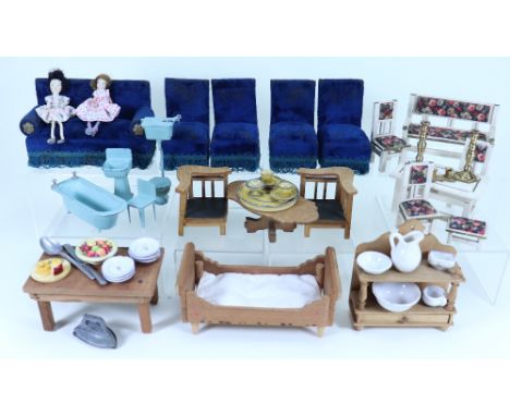 Collection of 20th century dolls house furniture, wooden furniture to include painted white upholstered set of three chairs, 