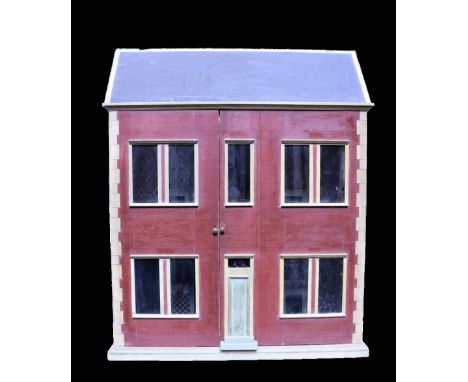 ‘Embassy House’ a large English painted wooden red brick Victorian Dolls House and contents, with two steps leading to painte