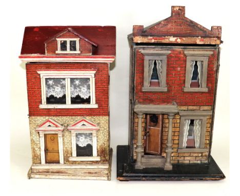 A small wooden dolls house with red brick paper lithographed exterior, German circa 1905, with steps leading to painted brown