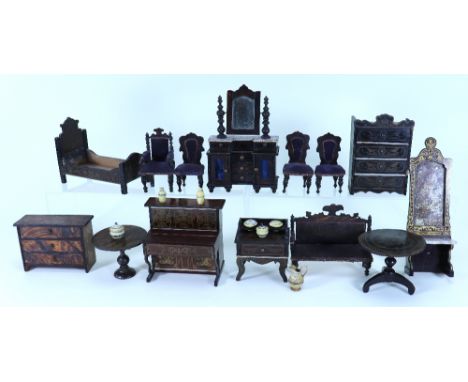 Good selection of Waltershausen Dolls House furniture, German 1860s/80s, rosewood and gold decorated pieces to include hall s