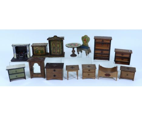 Collection of German Dolls House furniture for smaller dolls house, mostly 19th century, including boxed suite of three chair