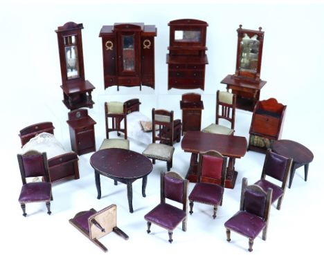 Selection of stained red wood Dolls House furniture, German late 19th century, including double wardrobe with mirror and thre