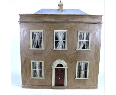 A good painted wooden dolls house and contents, English circa 1860, the painted brown exterior with step leading to brown pan