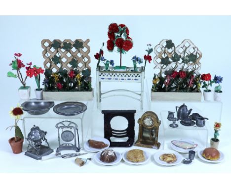 Dolls house garden planter, trellises, miniature pewter, food and more, 1880-1910, cream painted tinplate plant stand with pi