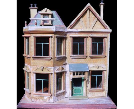 A Christian Hacker wooden Dolls House, German circa 1900, on a red painted base, step to nicely painted green panelled glazed