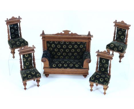 Fine set of Schneegas sofa and chairs Dolls House furniture, German 1880s, high back sofa with scroll arms, bun feet, pedimen