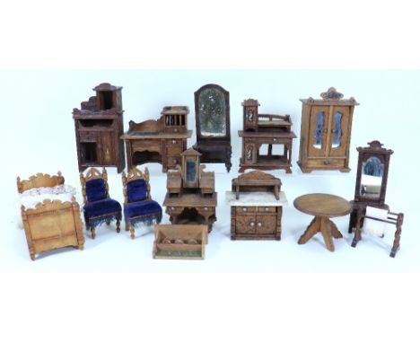 Collection of wooden Dolls House furniture, German 1880s/90s, the stained wood furniture including double wardrobe with mirro