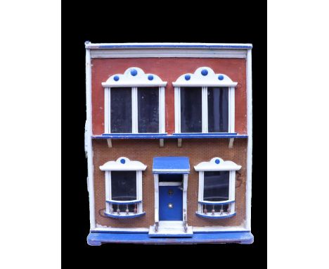 A G & J Lines for A.W Gamages painted wooden dolls house, circa 1910, with paper brick facade, cream painted steps and blue p