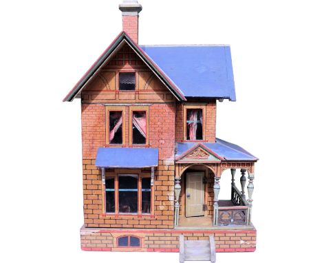 A Moritz Gottschalk blue roof dolls house model 3582, German circa 1900, the paper red brick effect exterior with printed bas