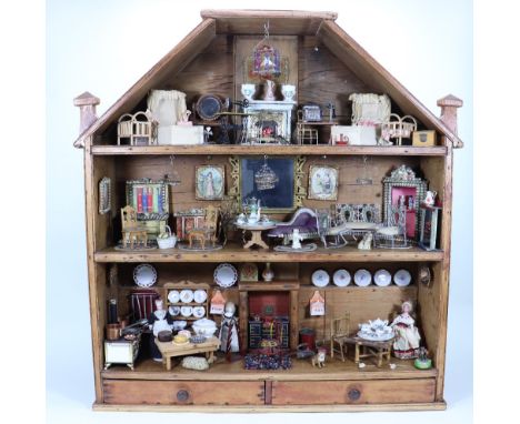 Open fronted pine hanging display dolls house with shelves, English circa 1900, with pitch roof, two chimneys, three shelves 