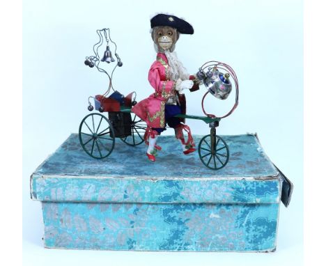 Rare all original boxed Gustave Vichy clockwork bell ringing monkey on tricycle, French circa 1885, the monkey with brown pai