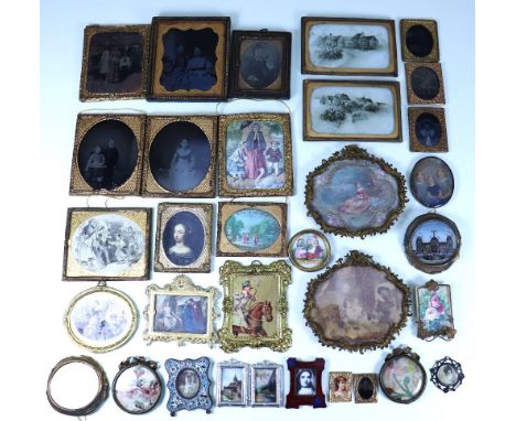 Collection of miniature and Dolls House pictures, selection of gilt framed pictures including boy riding a horse, mother and 