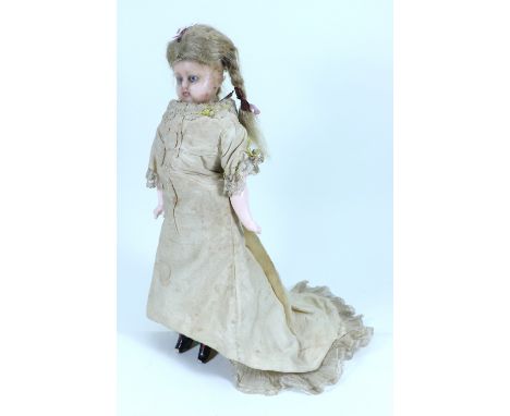 A wax over composition shoulder head Lady doll in original clothes, German circa 1870, with light blue glass eyes, painted mo