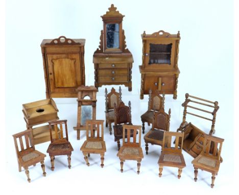 Selection of Schneegas wooden Dolls House furniture, German 1880s, including dresser with glazed door and cupboard below, 6 ½