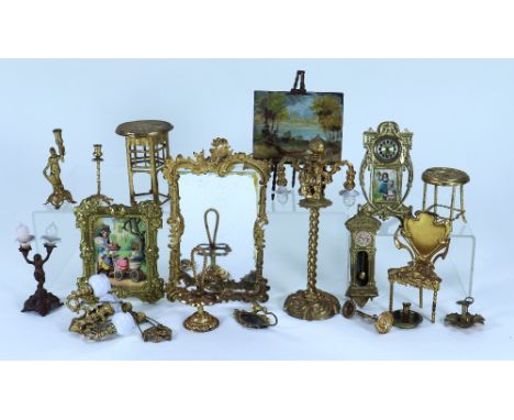 Collection of gilt metal Dolls House furniture and accessories, German late 19th century, including a floor standing lamp wit
