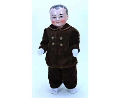 A large Frozen Charlotte ‘bathing doll’, glazed china doll, German circa 1860, the tinted head with well painted hazel eyes, 