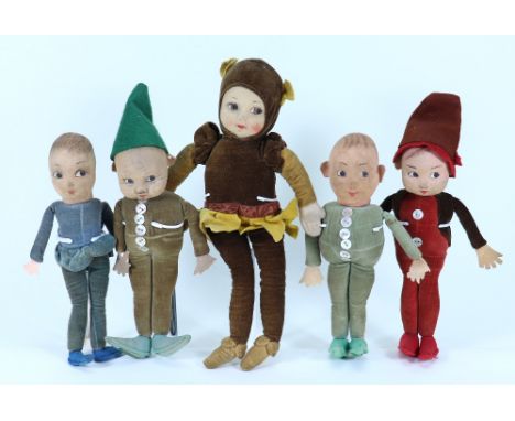 Four Norah Wellings cloth dolls, English 1930s, including two Pixie dolls with painted features and dimples, painted hair and