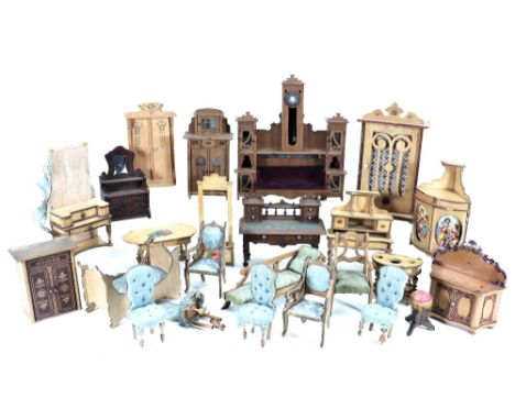 Collection of wooden Dolls House furniture, German 1880s/90s, including light wood suite of furniture with paper embossed edg