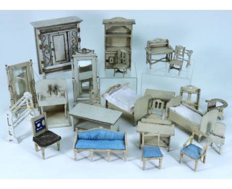 Collection of painted white wooden Dolls House furniture, English 1920s/30s, including dresser with gold decoration to doors,