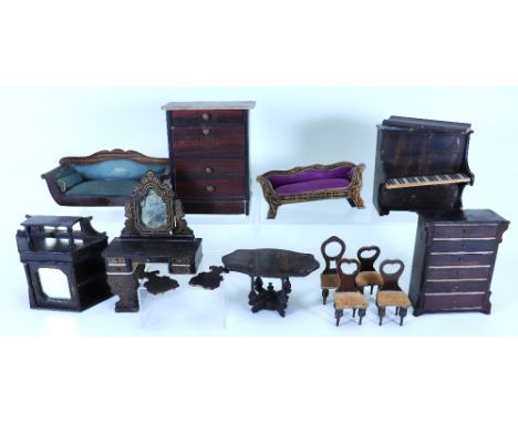 Selection of Waltershausen Dolls House furniture, German 1860s/80s, including rosewood and gold decorated dressing table, bur