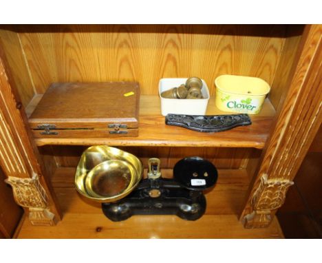 A set of kitchen scale together with a quantity of weights; and a cased set of fish knives and forks 