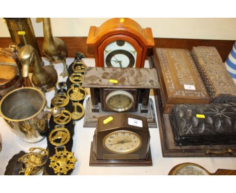A Smiths oak cased mantel clock and two other mantel clocks 