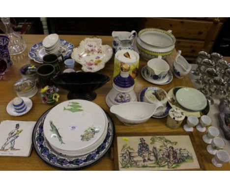 A quantity of various decorative china to include a chamber pot; tiles; dinner plates; egg cups; two Victorian Prattware pot 