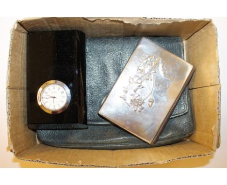 An Art Deco hand bag; together with an Argento white metal wallet; and a black glass Monmouth clock 