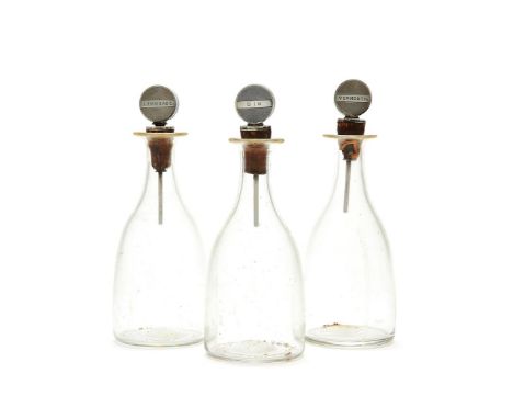 A set of three Art Deco silver mounted Webb glass small decanters by Dingley Bros, Birmingham 1935 (jubilee mark), two decant