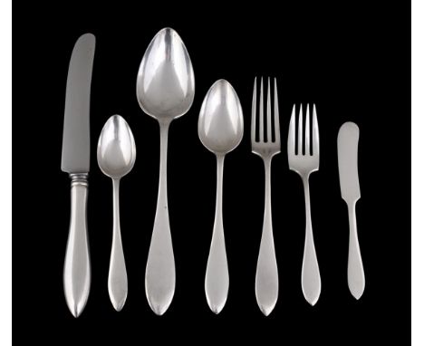 An American silver coloured table service by Towle, mid 20th century, comprising:   Seven table forks   Four table spoons   E