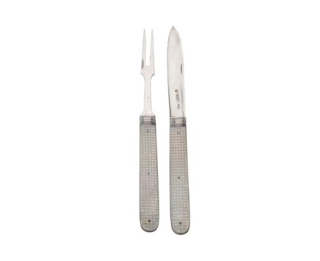 A William IV silver and mother of pearl travelling fruit knife and fork by Atkin &amp; Oxley, Sheffield 1832, interlocking an