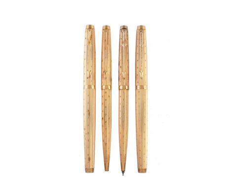 Parker, 75 Perle, a gold plated fountain pen, ball point pen, roller ball pen and propelling pencil, the fountain pen cap wit