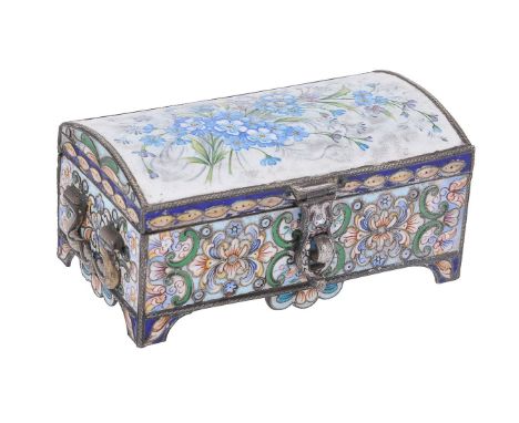 A Russian silver and enamel casket shaped box by Nicholai Zugeryev, 1896-1908 Kokoshnik mark, 84 zolotniki, the cover painted