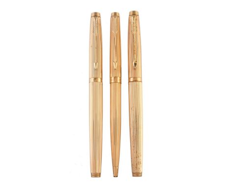 Parker, 75 Milleraies, a gold plated fountain pen, ball point pen and roller ball pen, the fountain pen cap with an arrow cli