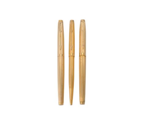 Parker, 75 Milleraies, a gold plated fountain pen, ball point pen and roller ball pen, the fountain pen cap with arrow clip, 