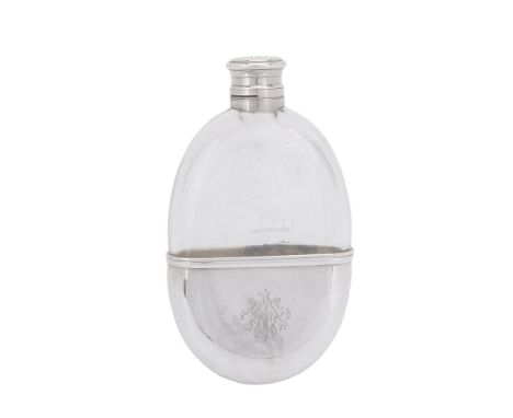 A Victorian silver and glass oval spirit flask by William Summers, London 1869, with a captive screw cap and a cup base, engr