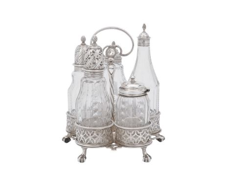 An early George III silver five bottle cruet stand by Edward Aldridge I &amp; Edward Aldridge II, London 1761, the central lo