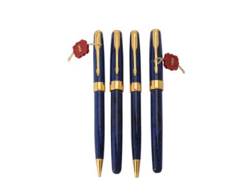 Parker, Sonnet A, a blue laque marbled fountain pen, roller ball pen, ball point pen and propelling pencil, the fountain pen 