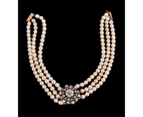 A cultured pearl, opal and diamond choker, the central circular openwork panel set with heart shaped opals and old cut diamon