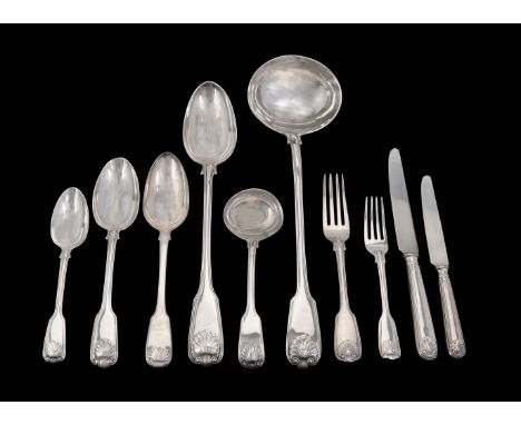 A matched silver fiddle, thread and shell pattern table service, mainly Chawner &amp; Co., London mainly early-mid Victorian,