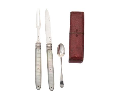 A George III silver and mother of pearl travelling fruit knife, fork and spoon, the knife and fork with standard and double d