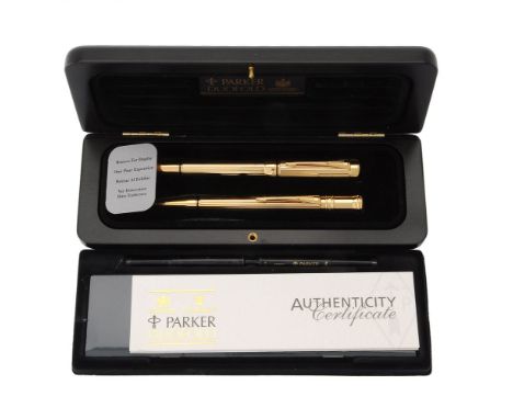 Parker, Duofold, a rare retail sample gilt metal fountain pen and ball point pen, the fountain pen cap with arrow clip, cap b