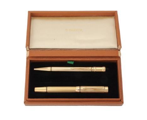 Parker, Duofold, a rare retail sample gilt metal fountain pen and ball point pen, the fountain pen cap with arrow clip, cap b