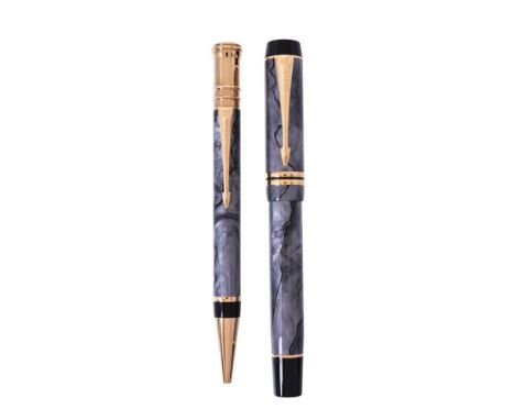 Parker, Duofold Centennial, a grey fountain pen and ball point pen, the fountain pen cap with gilt arrow clip and double cap 