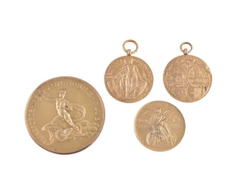Four early motorcycling gold prize medals, comprising: Herefordshire Automobile Club, Mercury stands on a chariot in the sky,