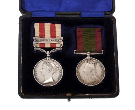 Pair of medals: Indian Mutiny Medal 1857-58 to Lt. J. T. Watson, 7th Oudh Irreg Inf, Defence of Lucknow bar; Afghanistan Meda