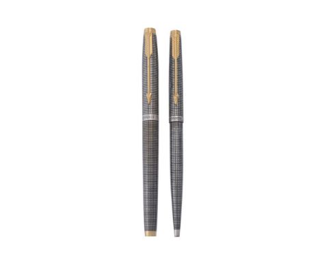 Parker, 75 Cisele, a silver coloured fountain pen and ballpoint pen, the fountain pen cap stamped 925 sterling and French Min