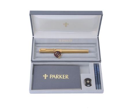 Parker, Premier Athenes, a gold plated fountain pen, the cap with gilt arrow clip, the medium nib stamped 750, aerometric fil