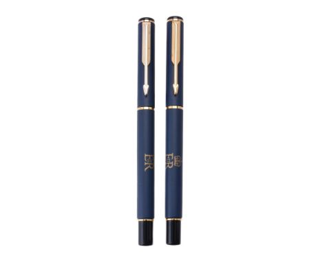 [Royal Interest] Parker, 88, a matte blue fountain pen and ball point pen, the fountain pen with a gilt arrow clip and cap ba