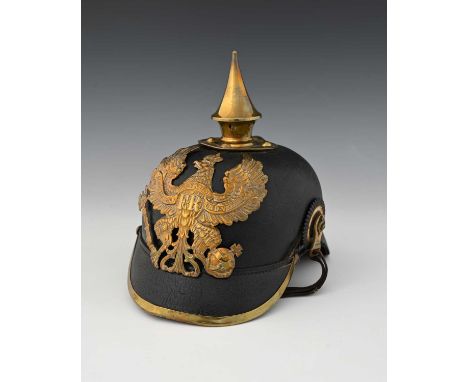 A German Imperial Pickelhaube helmet, circa 1891, Josef Tapprogge, embossed brass cypher of Frederick II